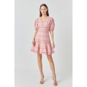 NWT Endless Rose Plunging Lace Trim Puff Sleeve Dress Dusty Pink Size L